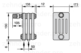 Схема (чертеж) Радиатор Zehnder Charleston 5019/3 №V007 Белый глянцевый RAL 9016